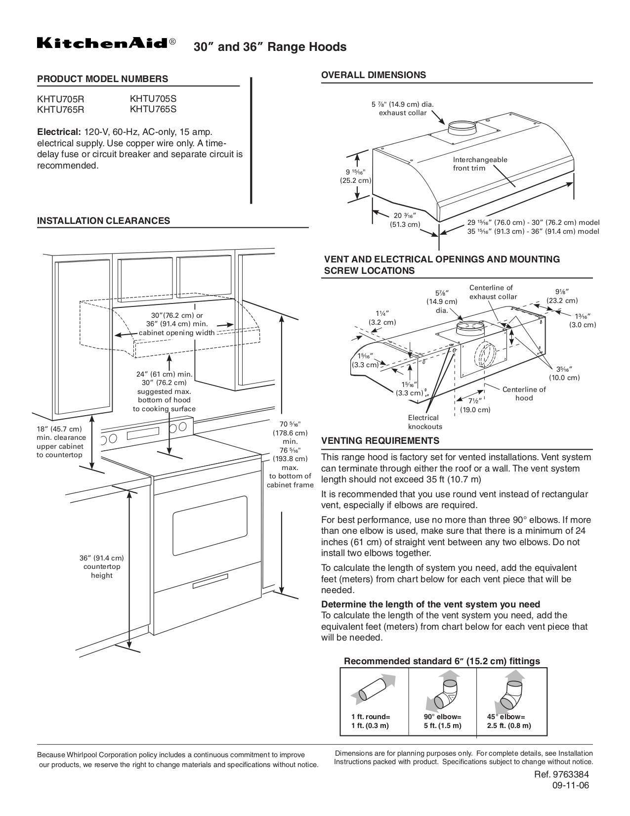 Download free pdf for KitchenAid KHTU705R Range Hoods Other manual